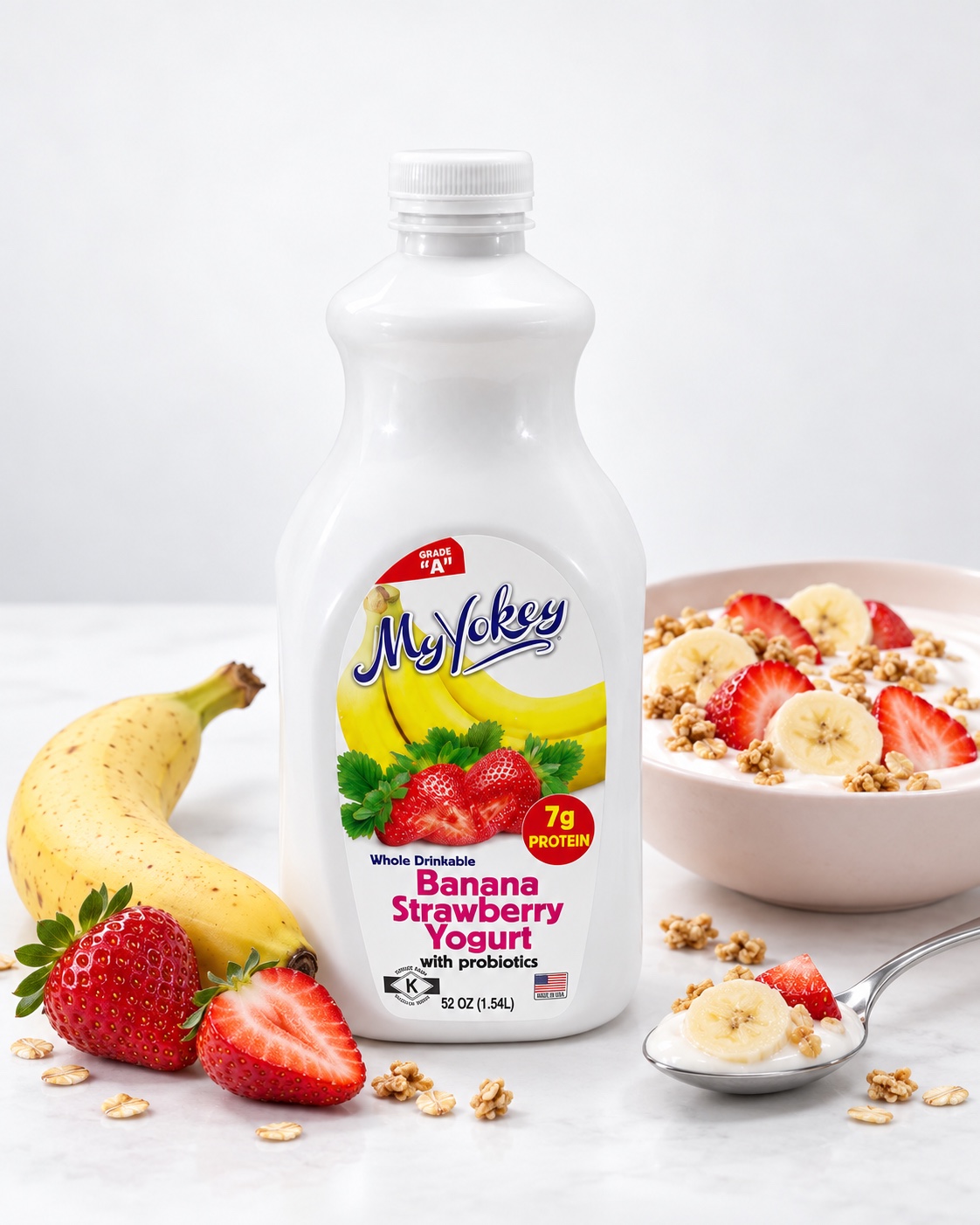 Botella de yogur MyYokey sabor banana y fresa con frutas frescas